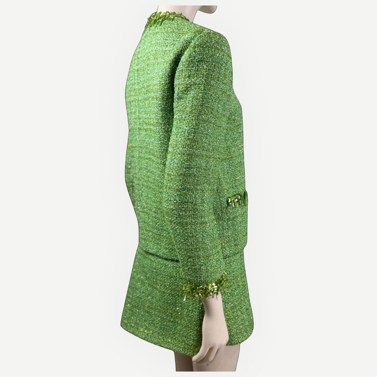 VALENTINO green tweed jacket and skirt set, side view | Shop Authentique Lux