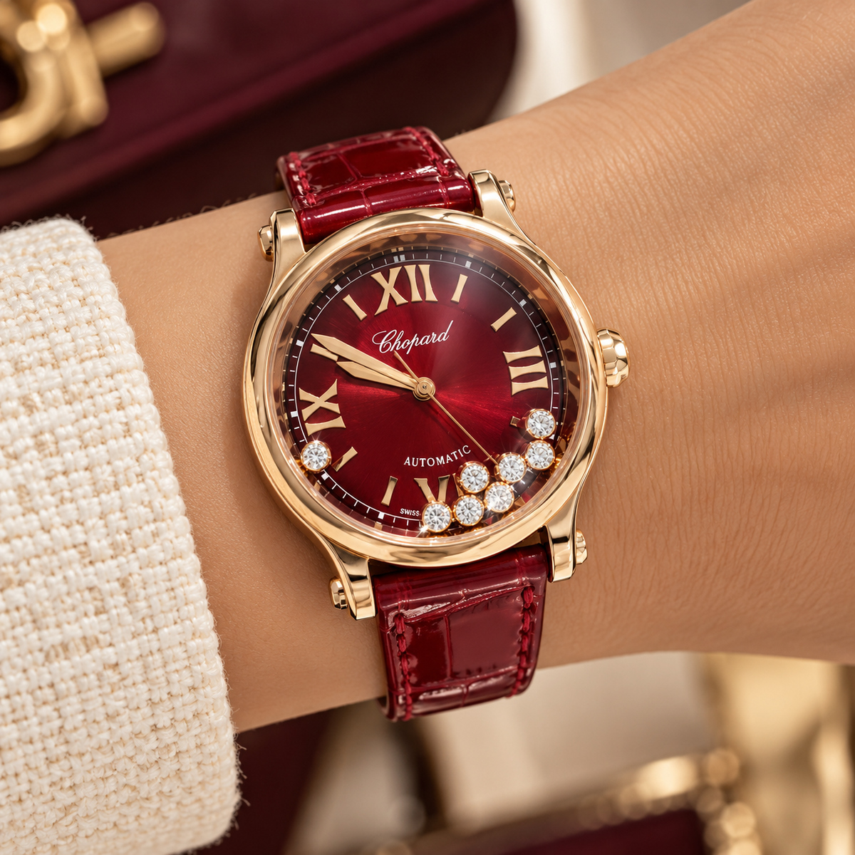 Chopard Happy Sport 5378, Red Mother-of-Pearl Dial, 18K Rose Gold, 2023 | Shop Authentique Lux