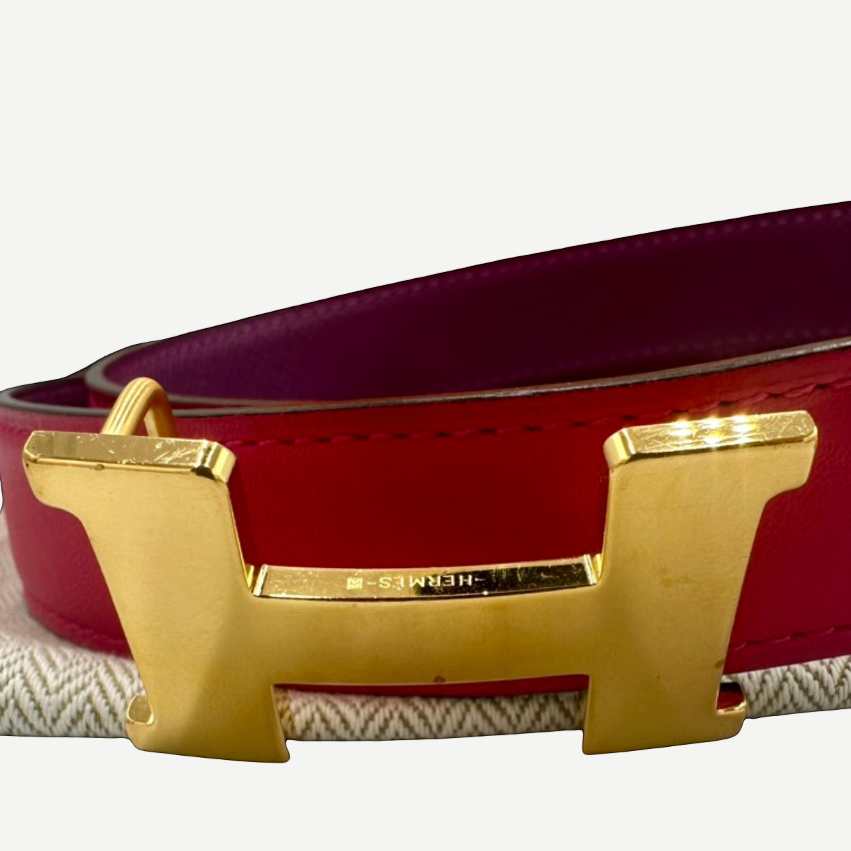 Hermès Reversible H Belt, 24mm Swift & Epsom Calfskin, Rose Mexico/Anemone, Size 80, Full Set | Shop Authentique Lux