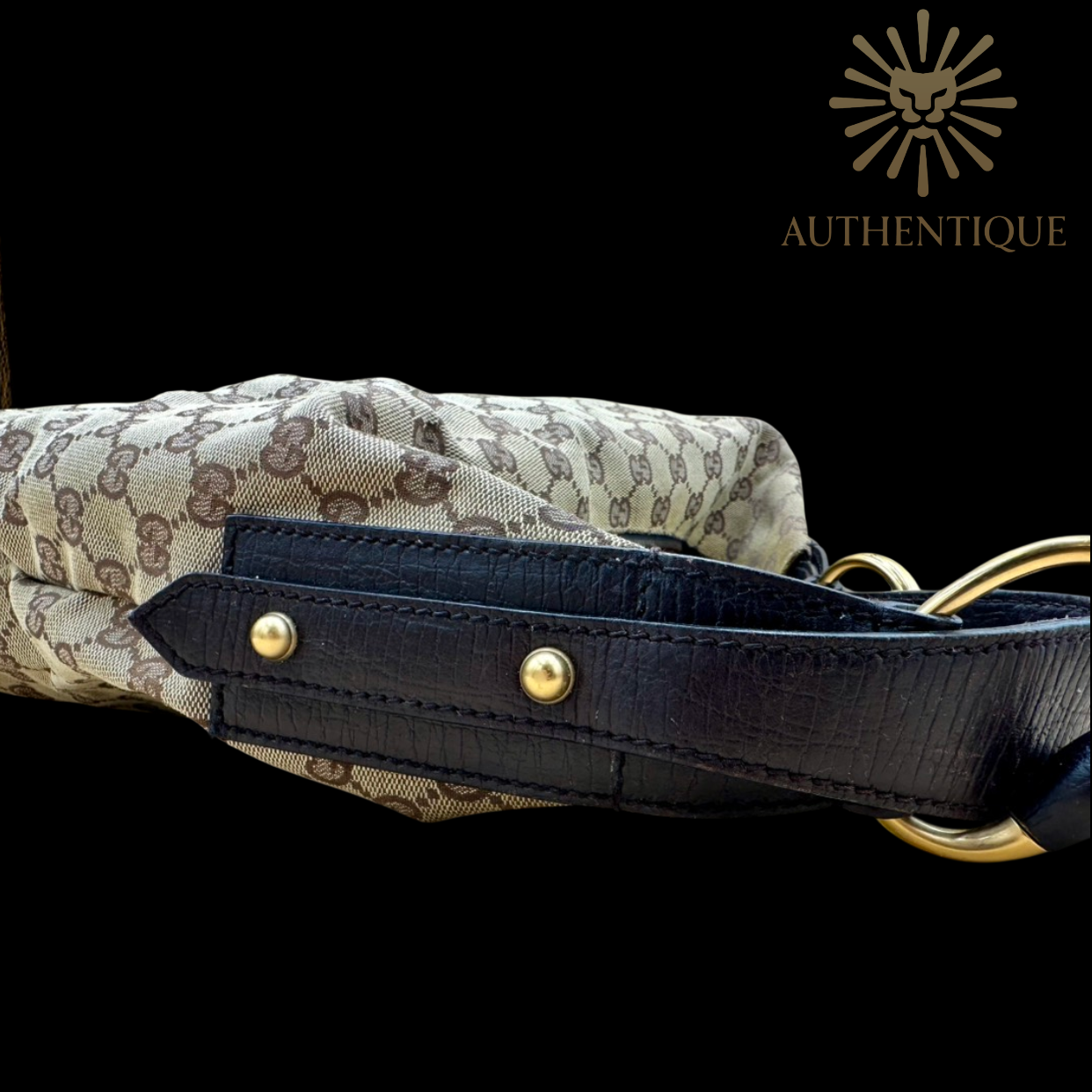 Gucci GG Canvas Horsebit Hobo in neutral monogram canvas with gold-tone hardware — Always guaranteed authentic at Authentique Lux