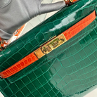 Hermès Vert Emeraude and Orange Shiny Niloticus Crocodile Sellier HSS Kelly 28 Brushed Gold Hardware, 2014 | Shop Authentique Lux