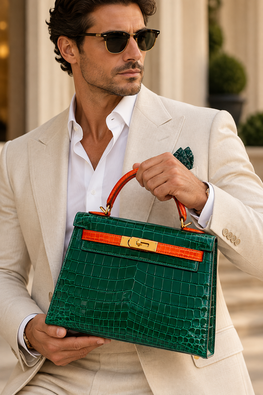 Hermès Vert Emeraude and Orange Shiny Niloticus Crocodile Sellier HSS Kelly 28 Brushed Gold Hardware, 2014 | Shop Authentique Lux