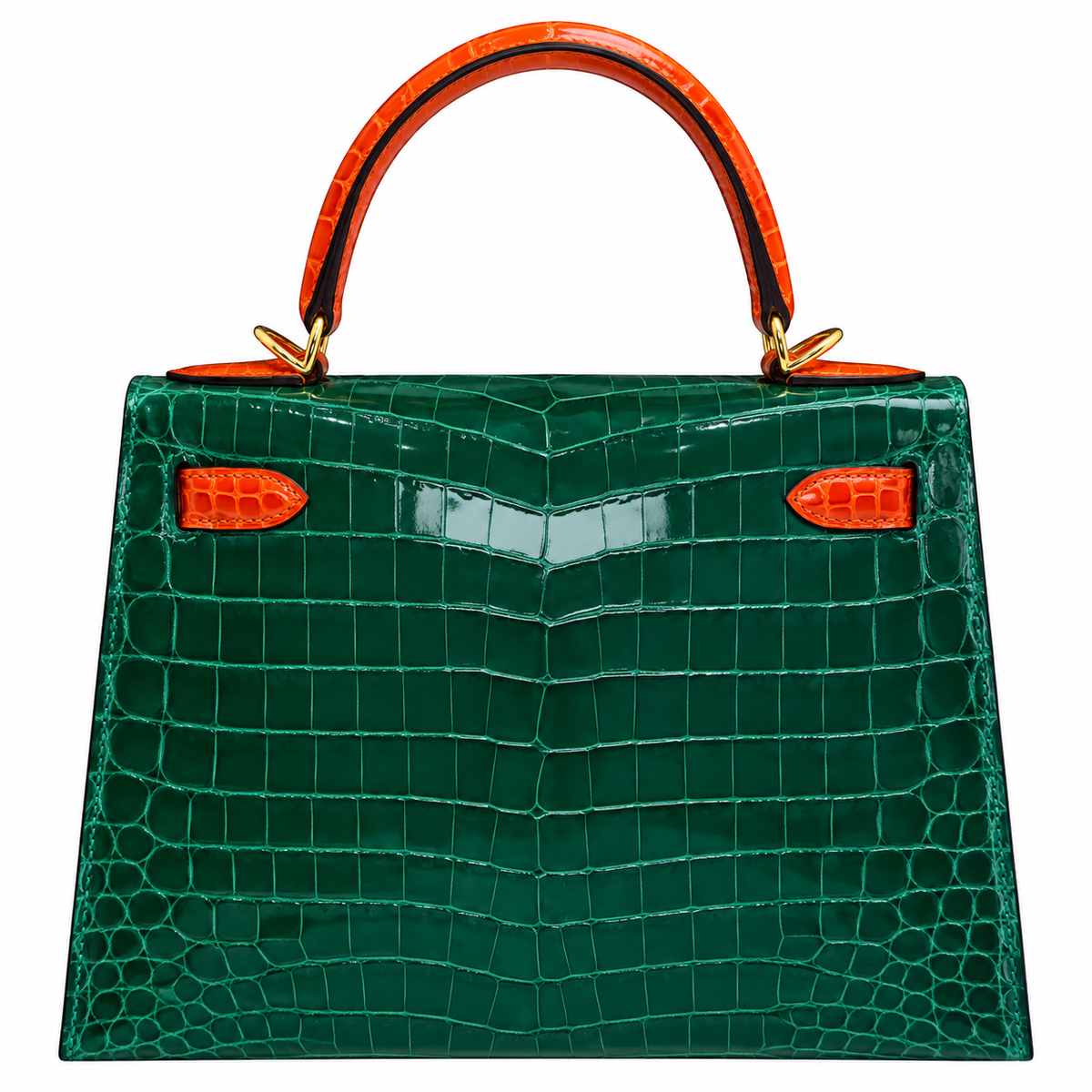 Hermès Vert Emeraude and Orange Shiny Niloticus Crocodile Sellier HSS Kelly 28 Brushed Gold Hardware, 2014 | Shop Authentique Lux