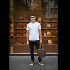 Model wearing Louis Vuitton Monogram Neverfull GM in brown coated canvas with brass hardware — Authentique Lux | 100% Authenticated