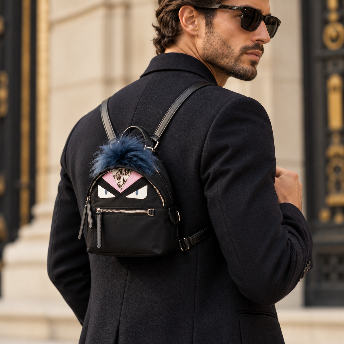 Fendi Bag Bugs Mini Backpack in Black Nylon, Leather and Blue Fur | Shop Authentique Lux