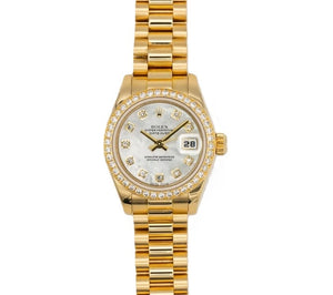 Rolex Lady-Datejust 26 Ref. 69138, 18K Yellow Gold, Diamond Bezel, Mother-of-Pearl Diamond Dial, President Bracelet, Full Set