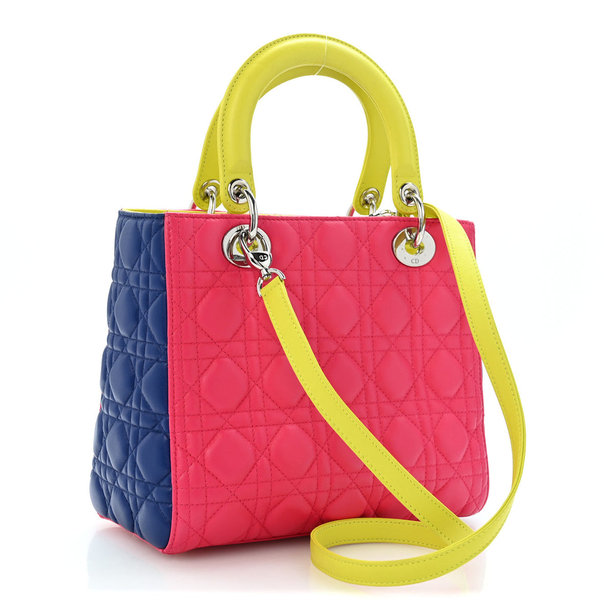 Dior Large Lady Dior Bag in Pink, Yellow and Blue Cannage Lambskin with Silver-Tone Hardware | Shop