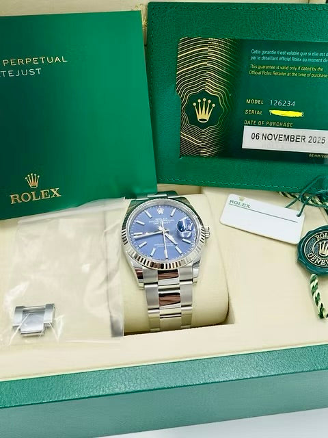 Rolex Datejust 36 126234, Blue Dial, 18K White Gold Fluted Bezel, Full Set, 2025 | Shop Authentique Lux