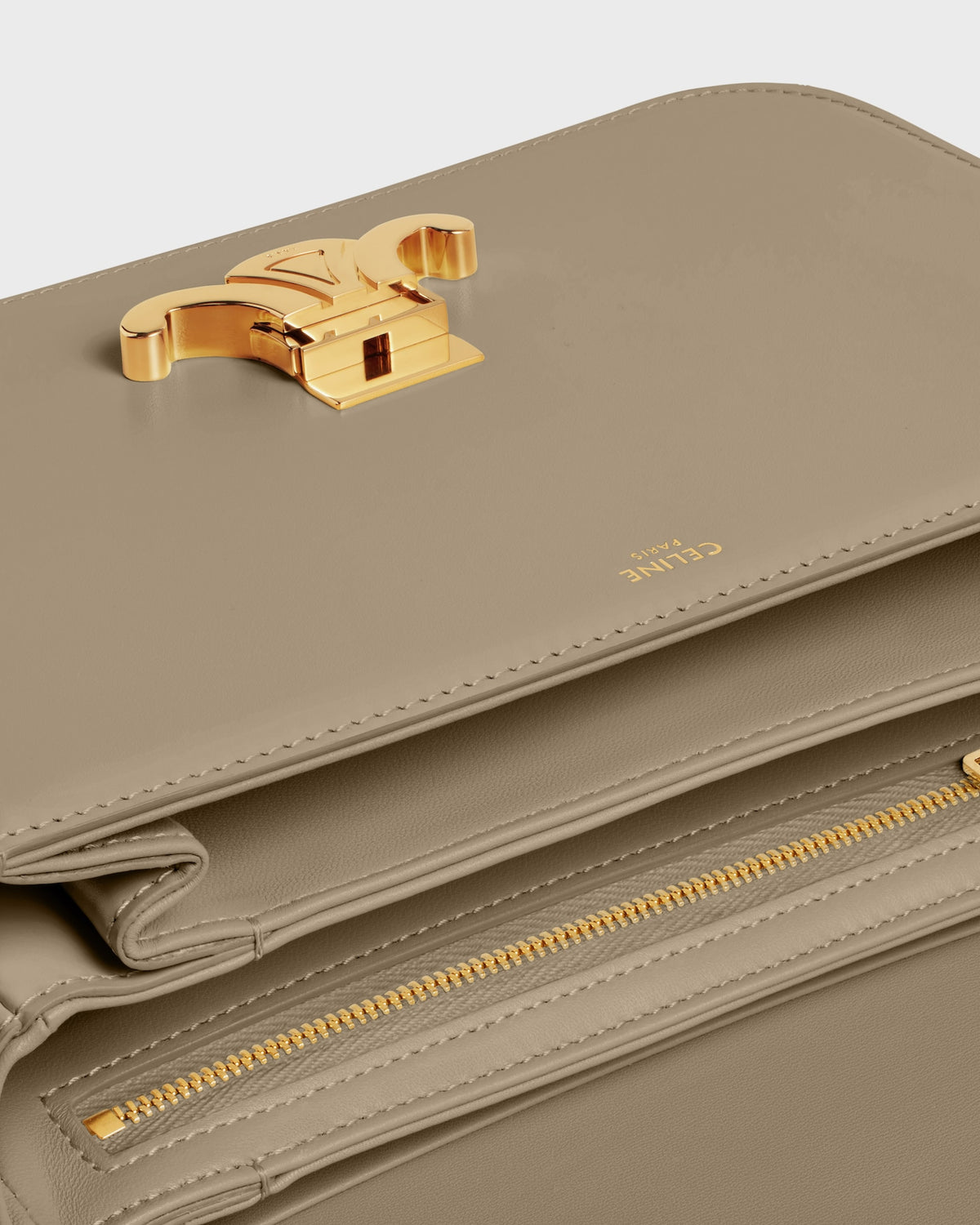 CELINE Medium Triomphe Shoulder Bag, Beige Shiny Calfskin, Gold Hardware | Shop Authentique Lux