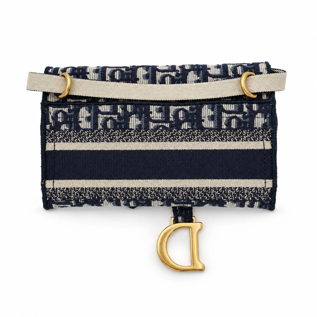 DIOR Navy Beige Oblique Canvas Saddle Chain Pouch, Gold-Tone Hardware | Shop Authentique Lux