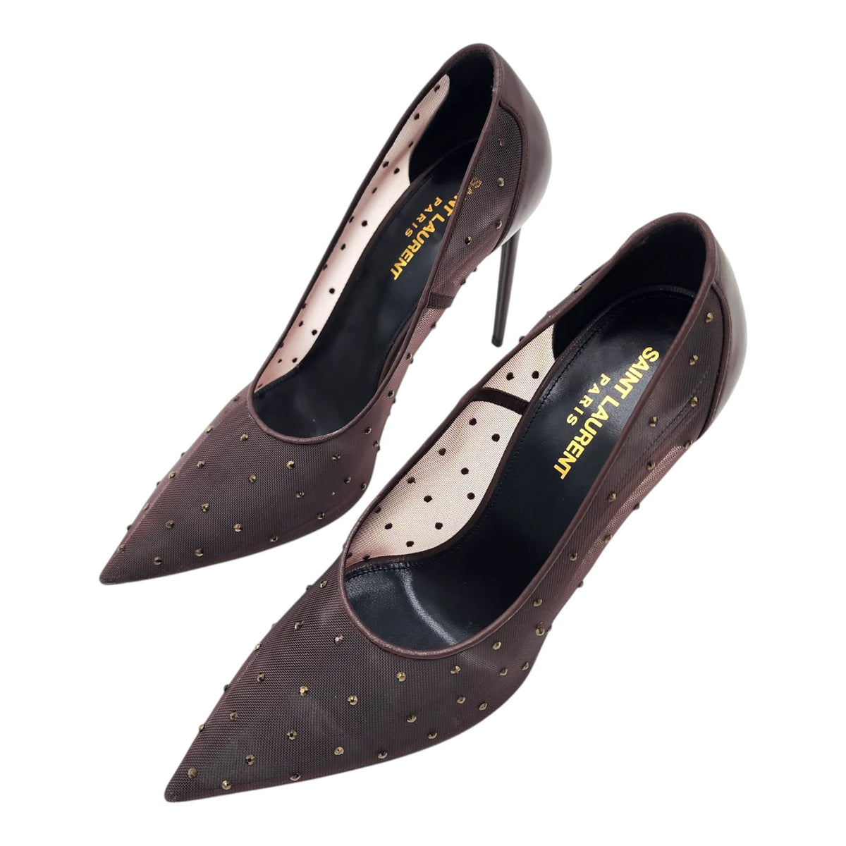 SAINT LAURENT Anja 105 Deep Brown Rhinestone Mesh Pumps, Size 38.5 | Shop Authentique Lux