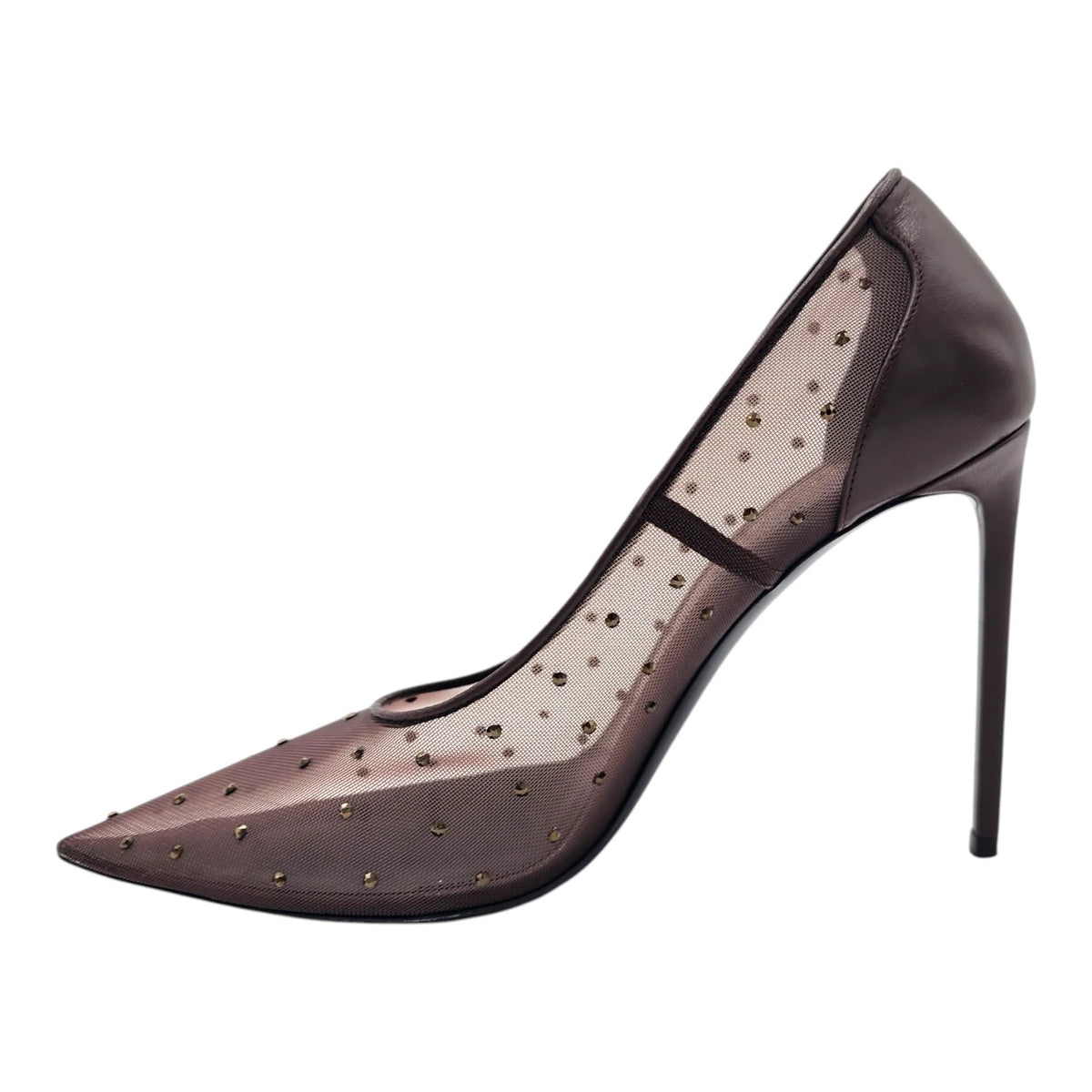 SAINT LAURENT Anja 105 Deep Brown Rhinestone Mesh Pumps, Size 38.5 | Shop Authentique Lux
