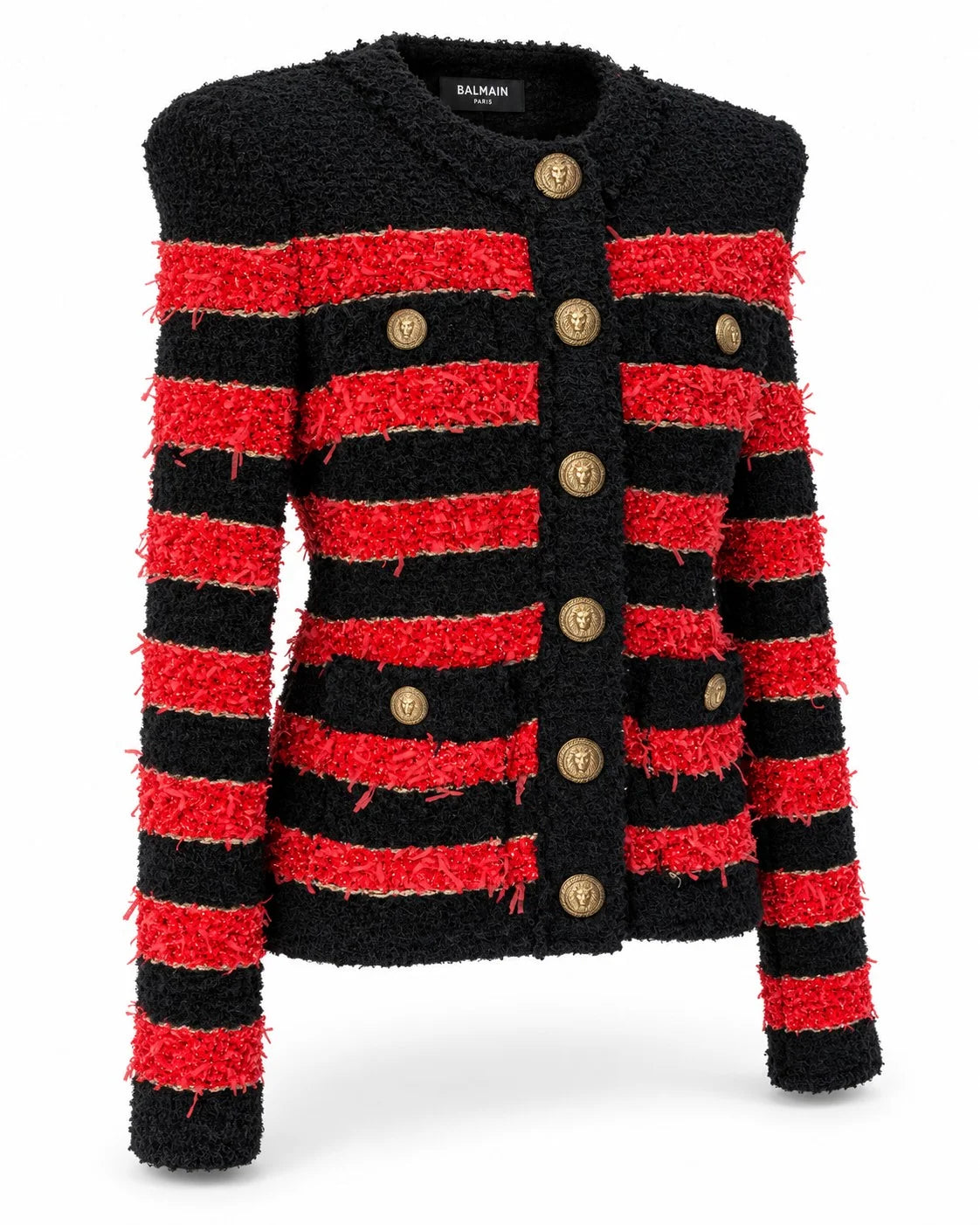 BALMAIN lion-head gold-tone button and embellished red knit detail | Shop Authentique Lux