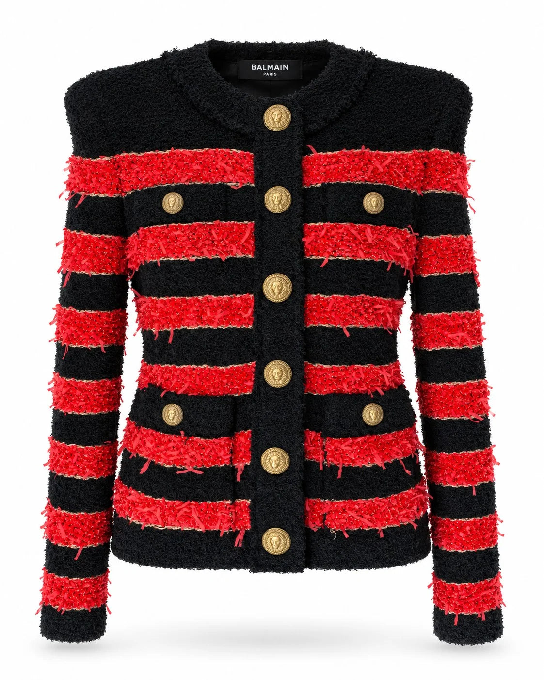 BALMAIN red and black embellished knit jacket, straight front view | Shop Authentique Lux