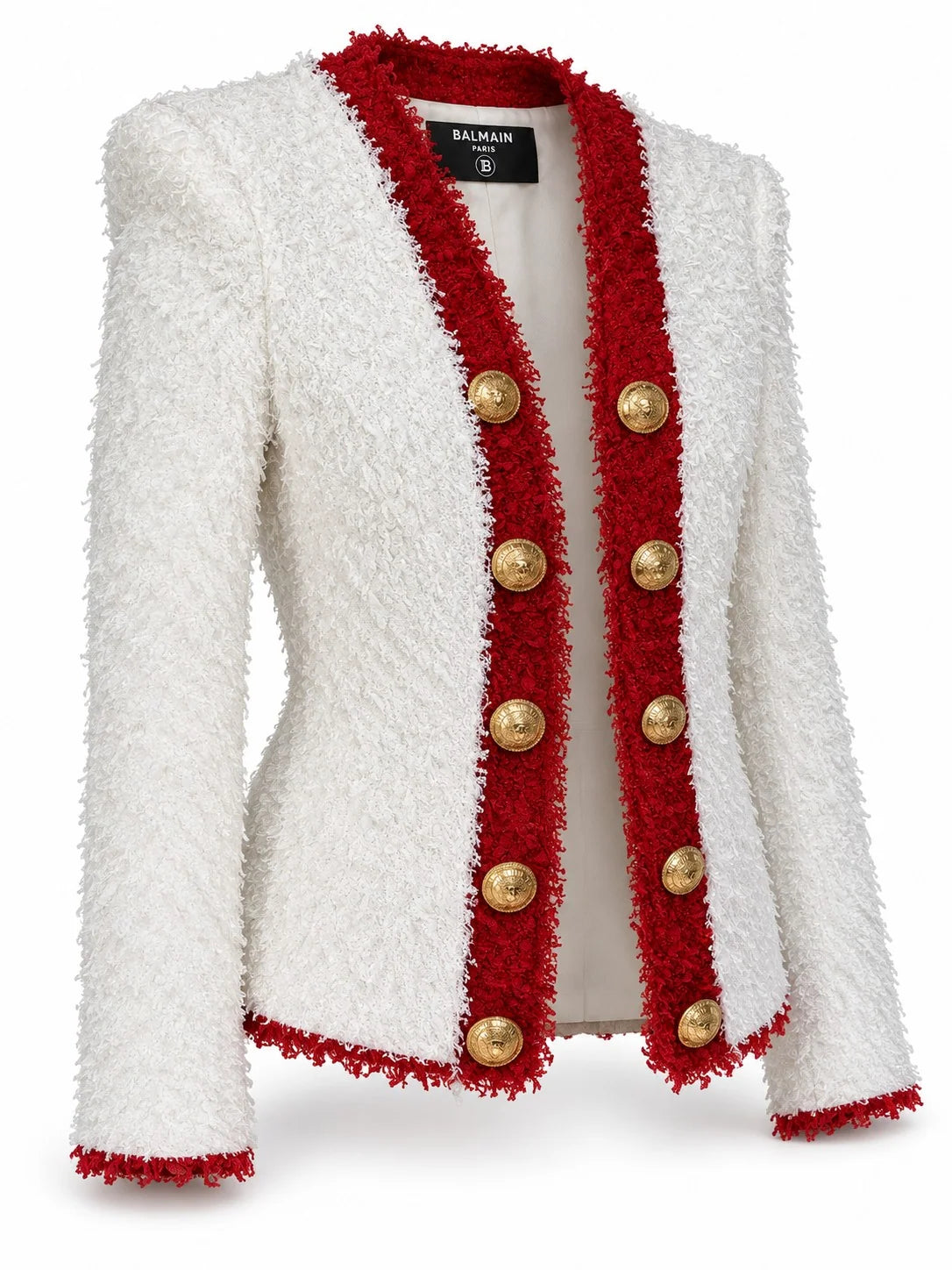 BALMAIN white tweed jacket with red trim and gold-tone buttons, front view | Shop Authentique Lux