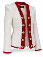 BALMAIN white tweed jacket with red trim and gold-tone buttons, front view | Shop Authentique Lux