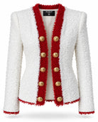 BALMAIN tweed jacket, angled front view with red trim | Shop Authentique Lux