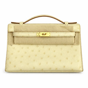 HERMÈS Beton Ostrich Mini Kelly Pochette, Gold Hardware, 2021