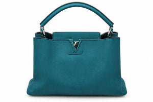 LOUIS VUITTON Capucines MM, Blue Leather, Silver-Tone Hardware