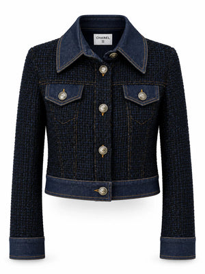 CHANEL Tweed and Denim Jacket, Navy Blue, FR36, 2018