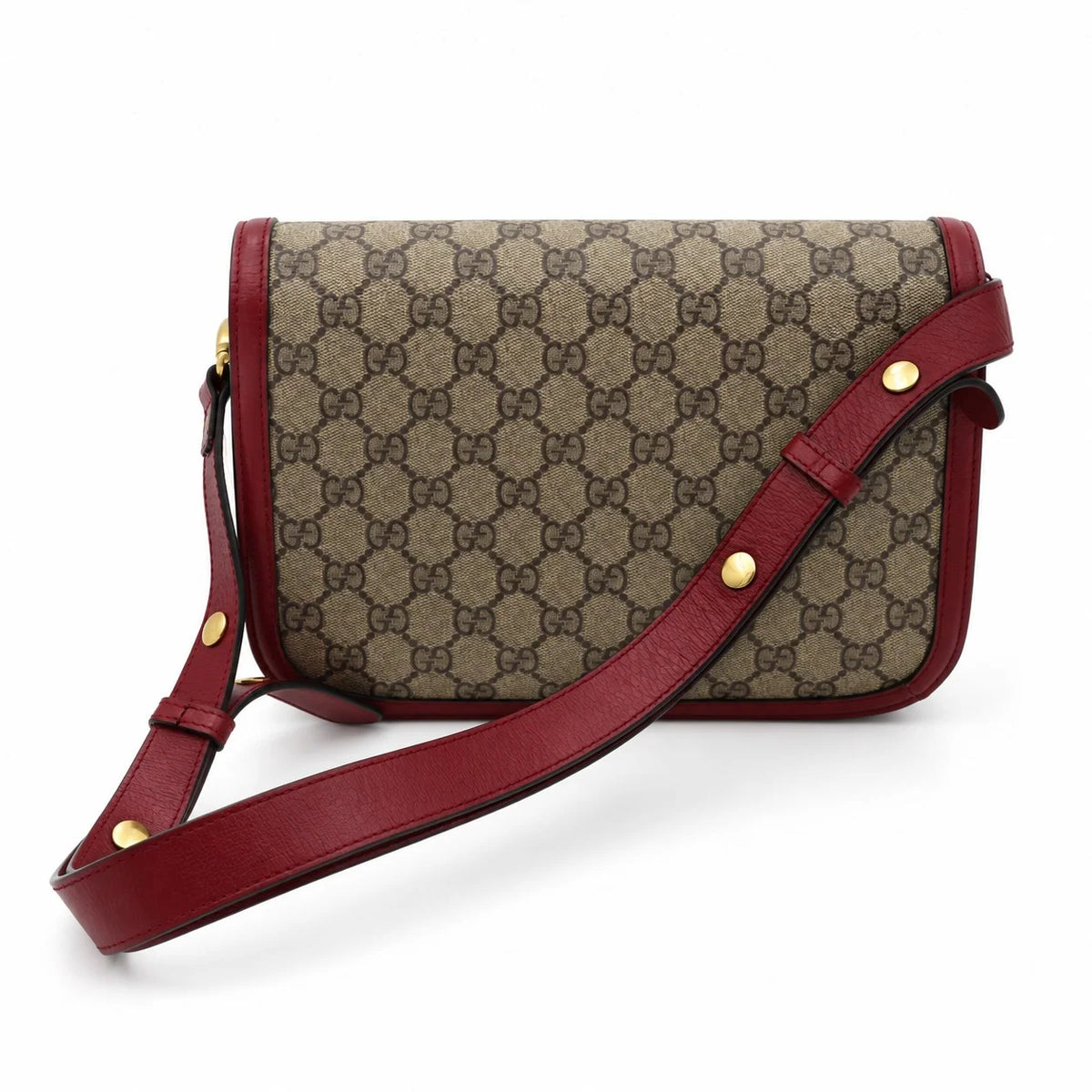 GUCCI Horsebit 1955 Shoulder Bag, Beige GG Supreme Canvas, Red Leather, Gold-Tone Hardware | Shop Authentique Lux