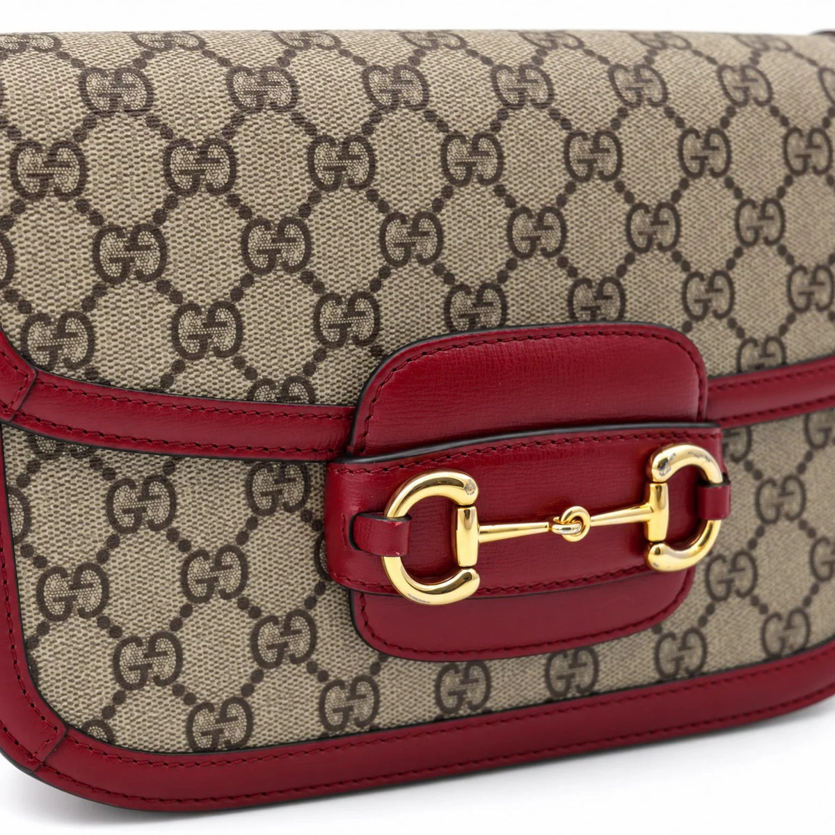 GUCCI Horsebit 1955 Shoulder Bag, Beige GG Supreme Canvas, Red Leather, Gold-Tone Hardware | Shop Authentique Lux