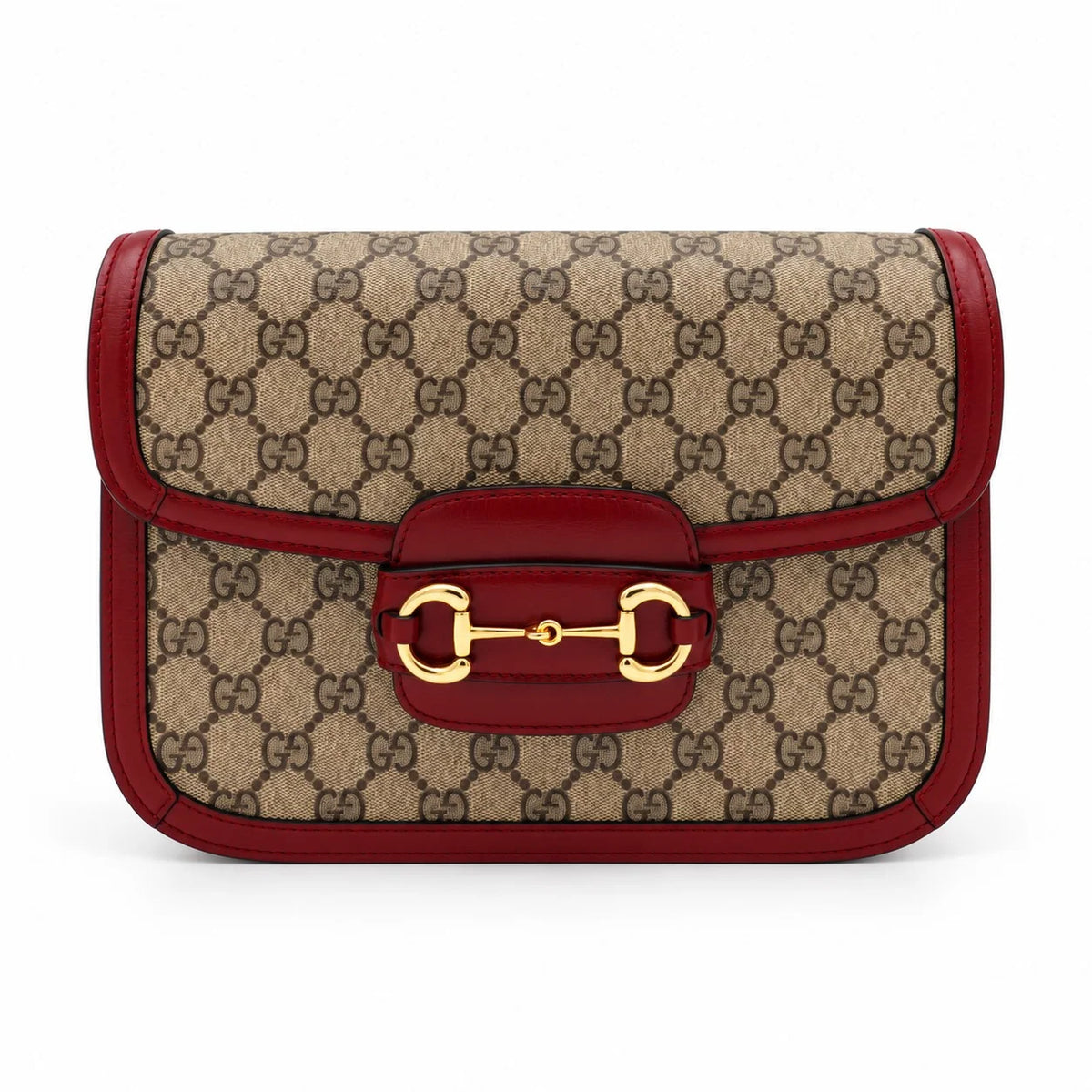 GUCCI Horsebit 1955 Shoulder Bag, Beige GG Supreme Canvas, Red Leather, Gold-Tone Hardware | Shop Authentique Lux