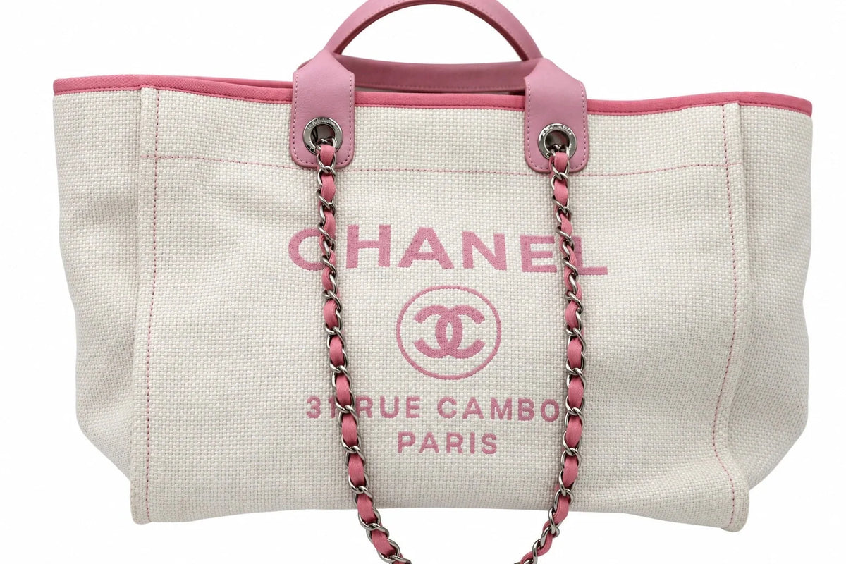 CHANEL Deauville Tote, Beige and Pink Canvas, Silver-Tone Hardware | Shop Authentique Lux