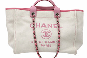CHANEL Deauville Tote, Beige and Pink Canvas, Silver-Tone Hardware