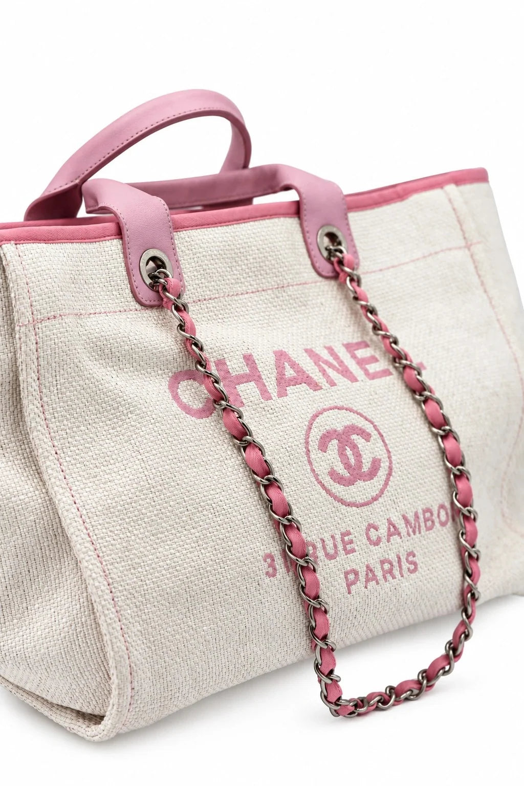 CHANEL Deauville Tote, Beige and Pink Canvas, Silver-Tone Hardware | Shop Authentique Lux