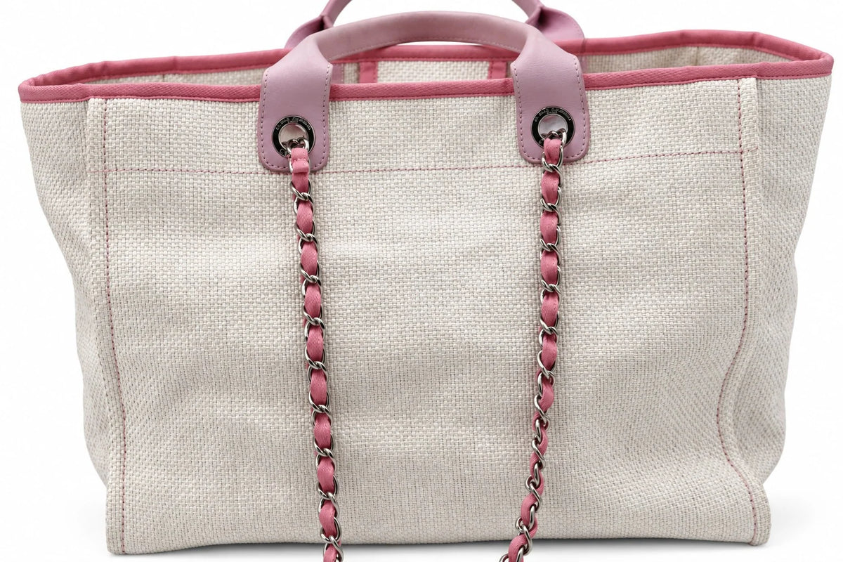 CHANEL Deauville Tote, Beige and Pink Canvas, Silver-Tone Hardware | Shop Authentique Lux