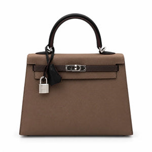 HERMÈS Etoupe, Ecorce and Black Epsom Sellier Kelly 25, Palladium Hardware, Stamp B, 2023