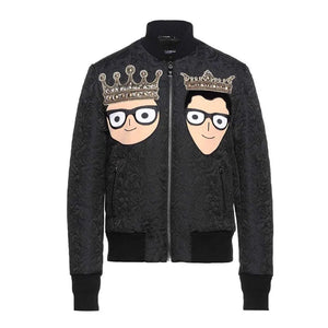 DOLCE & GABBANA Crown-and-Portrait Bomber Jacket, Black, Size 38