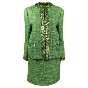 VALENTINO Runway Green Sequin-Embellished Tweed Jacket and Skirt Set, IT 36/38