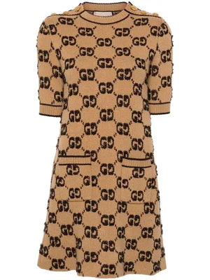 GUCCI Runway GG Wool Dress, Brown, Gold-Tone Buttons, XL