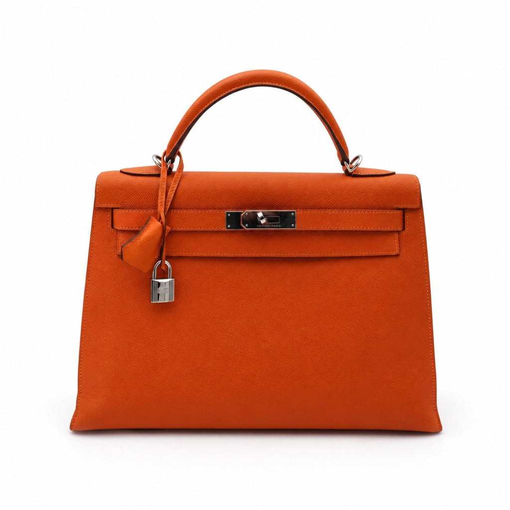 HERMÈS Kelly 32 Feu Epsom leather, palladium hardware, front view | Shop Authentique Lux
